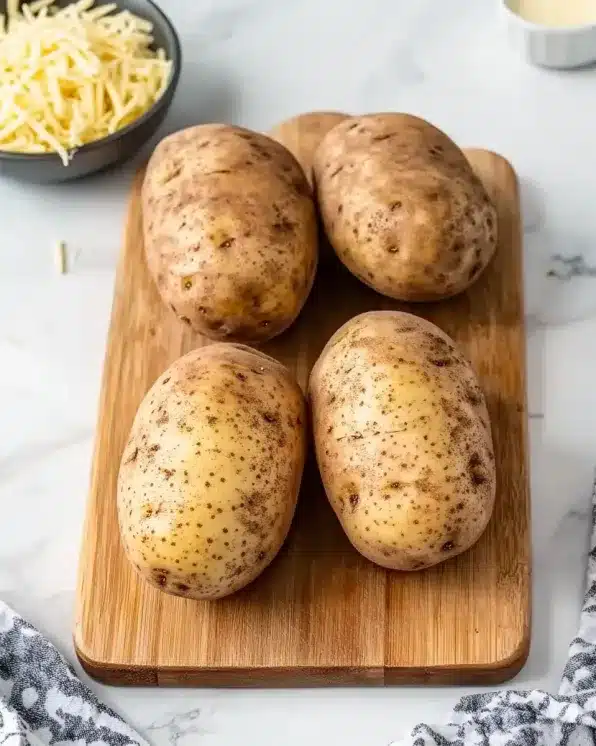 Four raw russet potatoes with natural skin on bamboo cutting board with bowl of shredded cheese in background, food prep setup