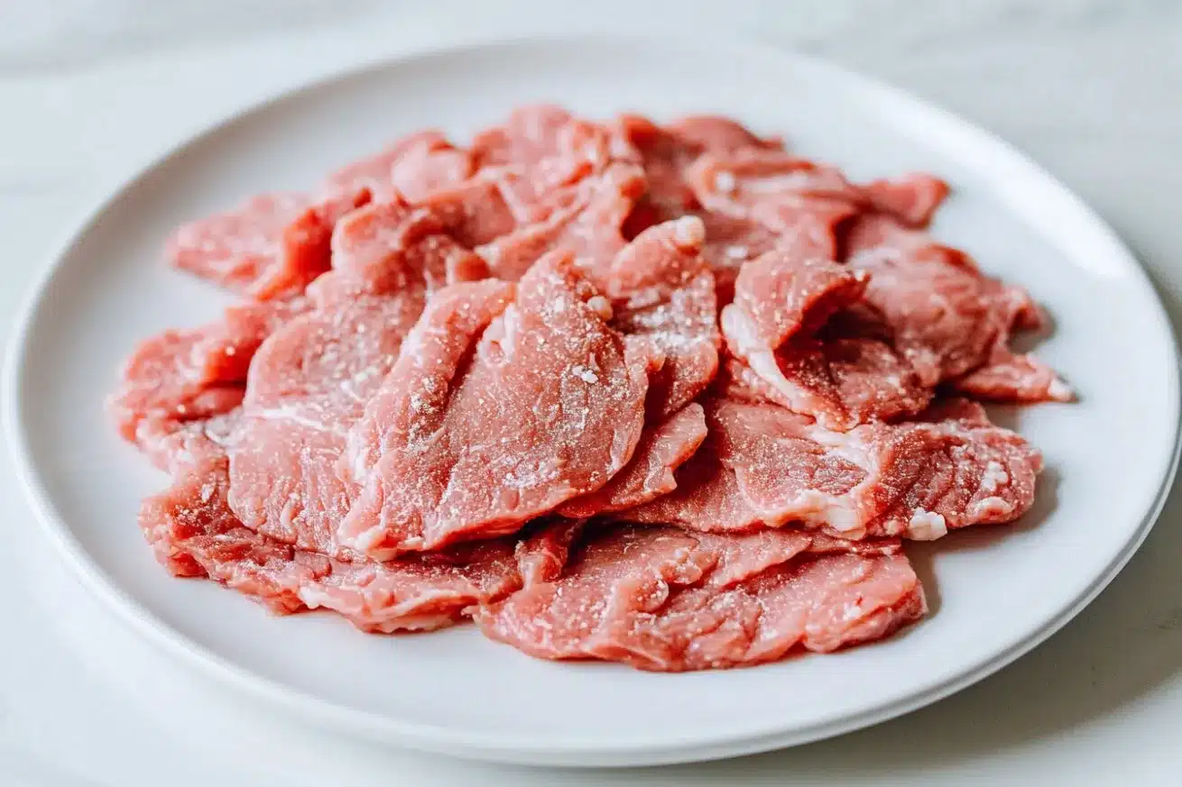 Thinly sliced raw beef coated lightly in cornstarch, arranged on a white ceramic plate.