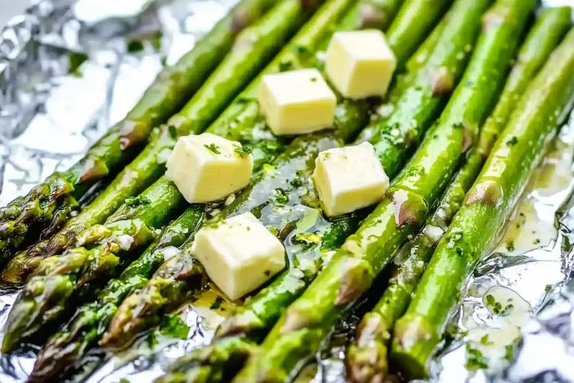 Fresh asparagus spears on aluminum foil with butter cubes and herb seasoning before grilling