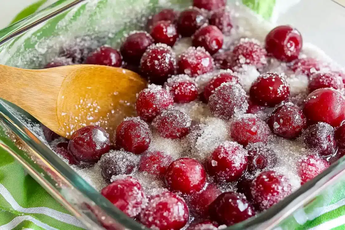 Fresh cherries tossed with sugar and cornstarch in glass baking dish before roasting