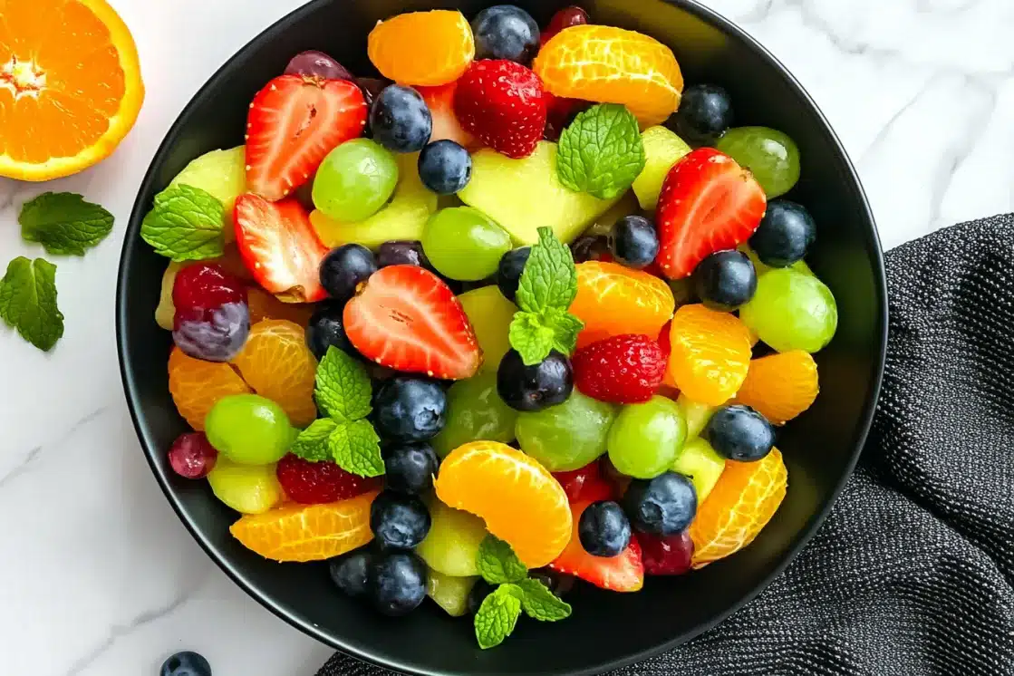 Dairy free fruit salad served in a black bowl featuring mixed berries, grapes, mandarin oranges, and fresh mint, photographed from above on marble surface