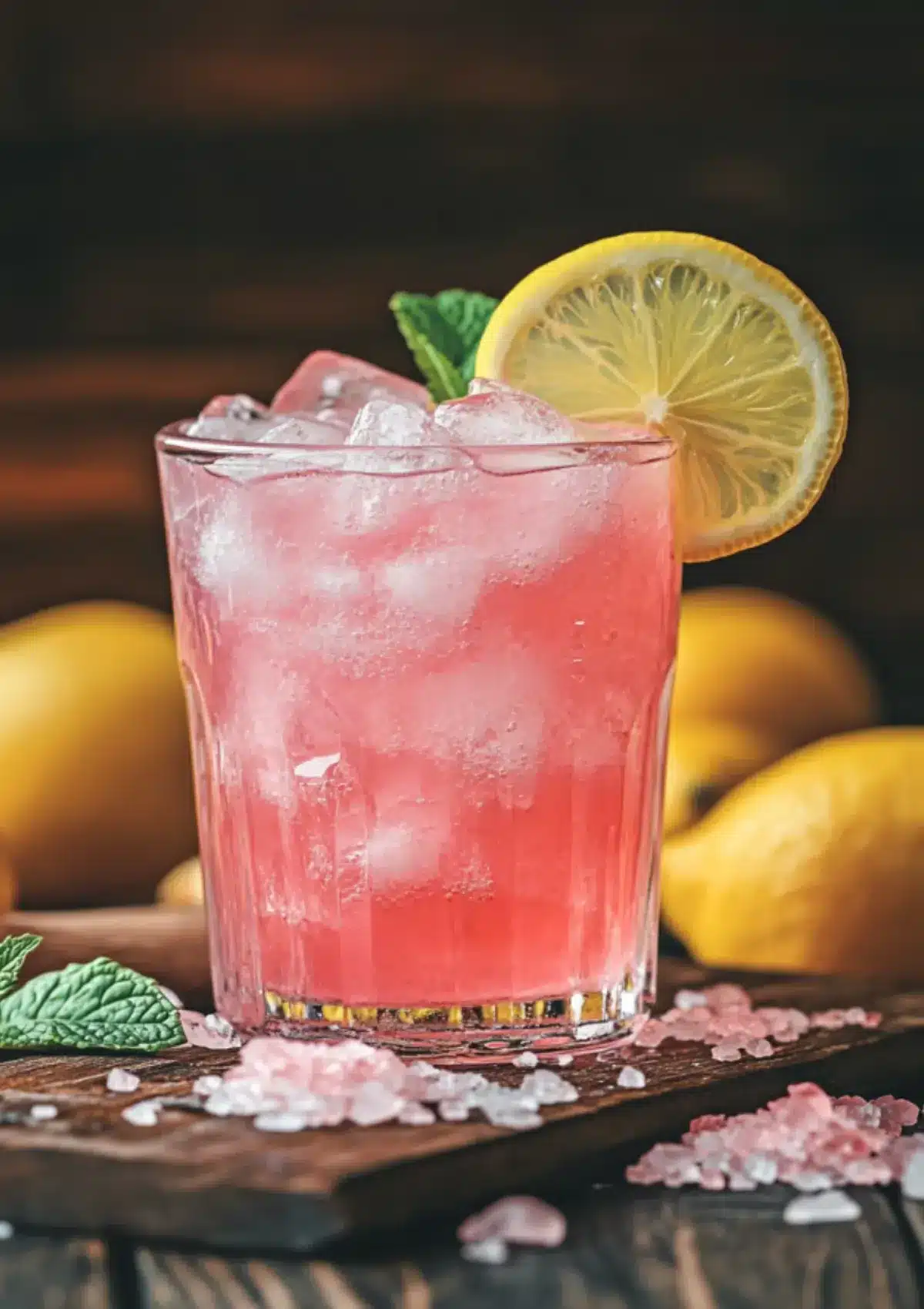 Glass of pink detox drink filled with crushed ice, garnished with a lemon wheel and fresh mint, surrounded by coarse Himalayan pink salt and whole lemons on a rustic wood surface.

