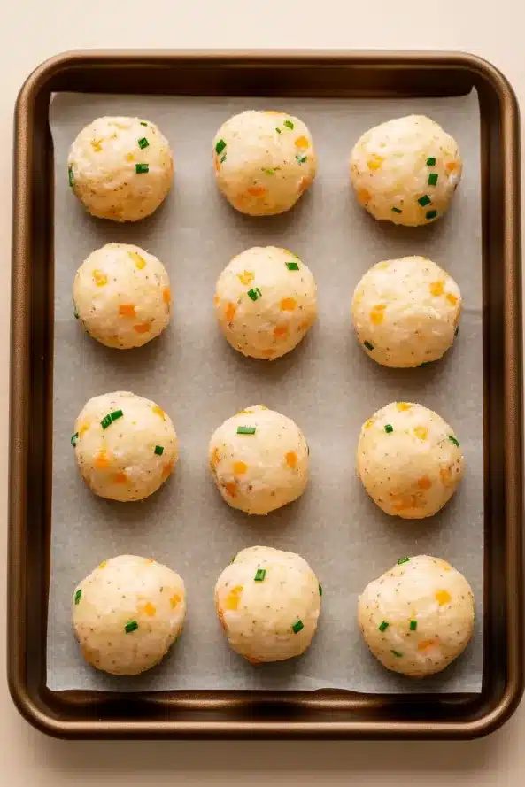 Uniform mashed potato balls mixed with cheddar and chives, neatly placed on a parchment-lined baking tray.

