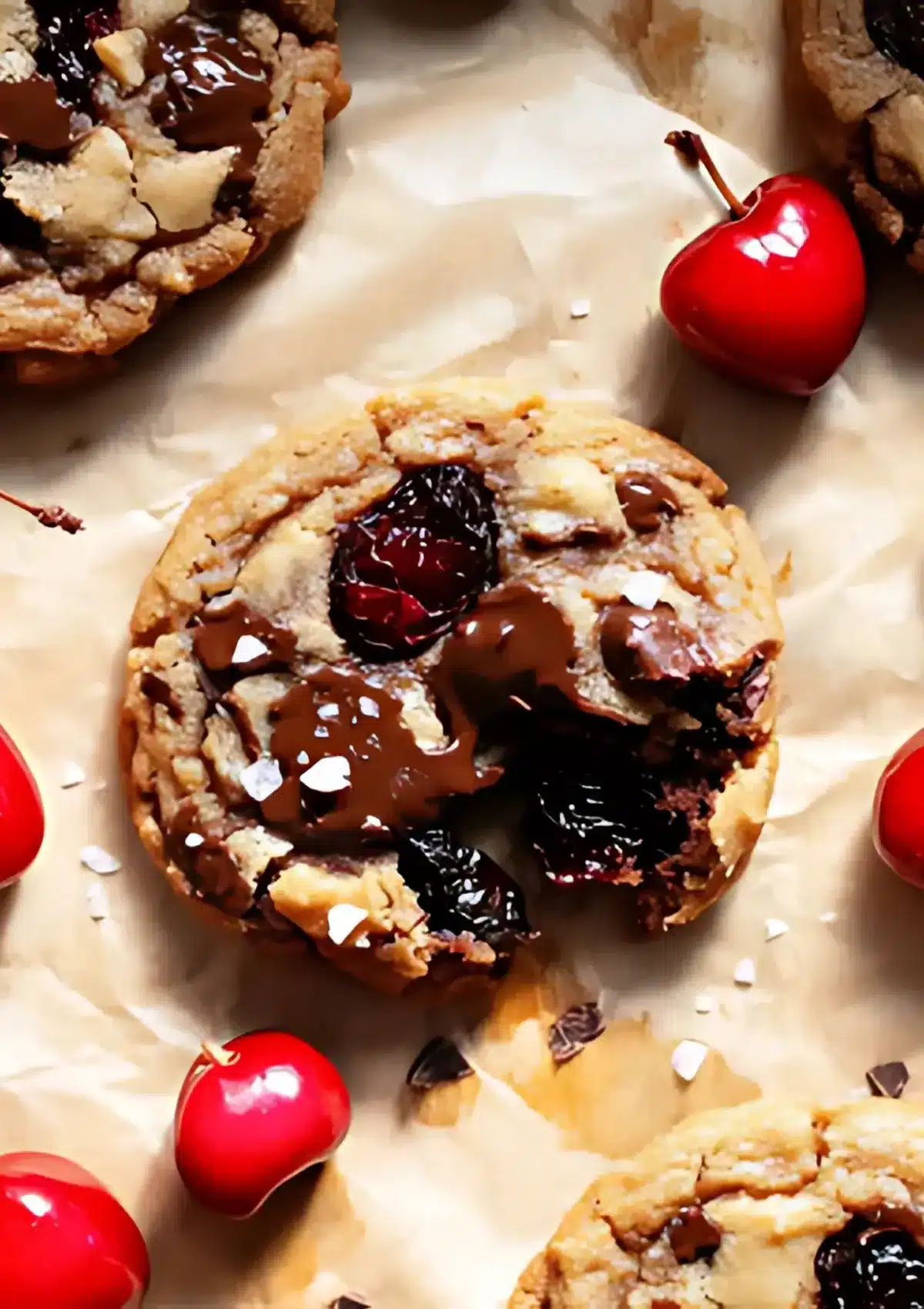 A rustic chocolate cherry cookie topped with melted dark chocolate and dried cherries, surrounded by sea salt flakes and fresh red cherries on parchment.