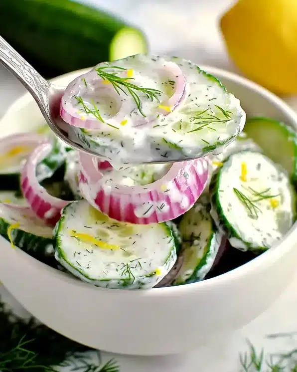 Silver spoon lifting creamy cucumber salad with dill and red onions from white bowl
