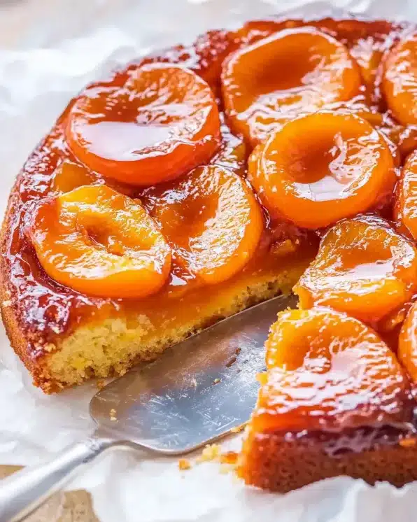 Apricot upside down cake being served with cake server, showing perfectly arranged caramelized apricot halves and rich caramel layer