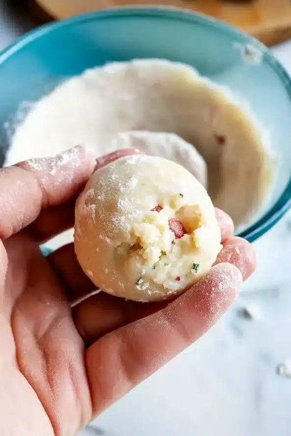 Floured hand holding a round mashed potato ball with visible bacon and herbs, flour bowl in the background.