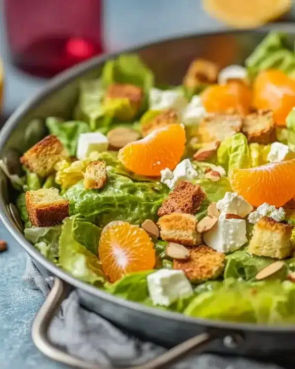 Close-up view of mandarin orange salad showing orange segments, lettuce, almonds, feta cheese and golden croutons