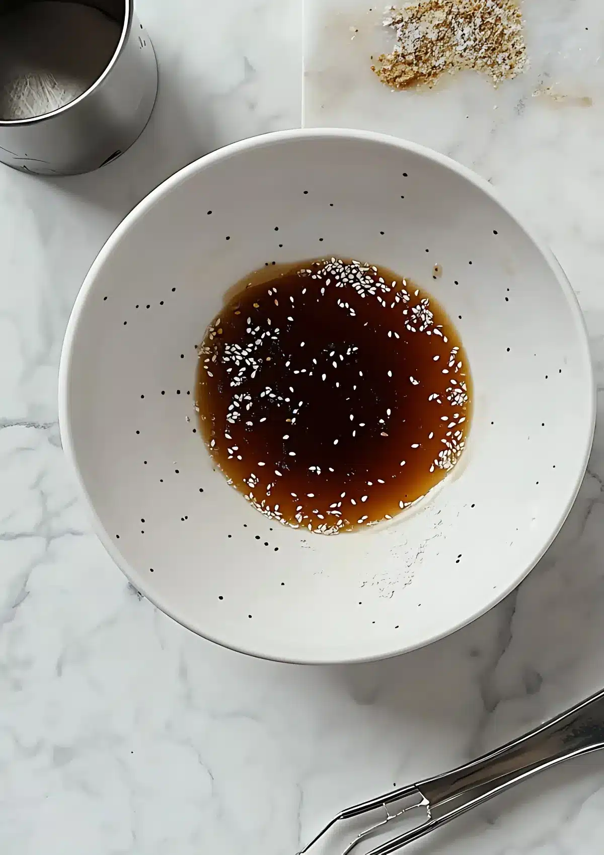 White ceramic bowl with soy sauce marinade and sesame seeds, surrounded by a marble surface, measuring cup, and whisk handle visible in the frame.


