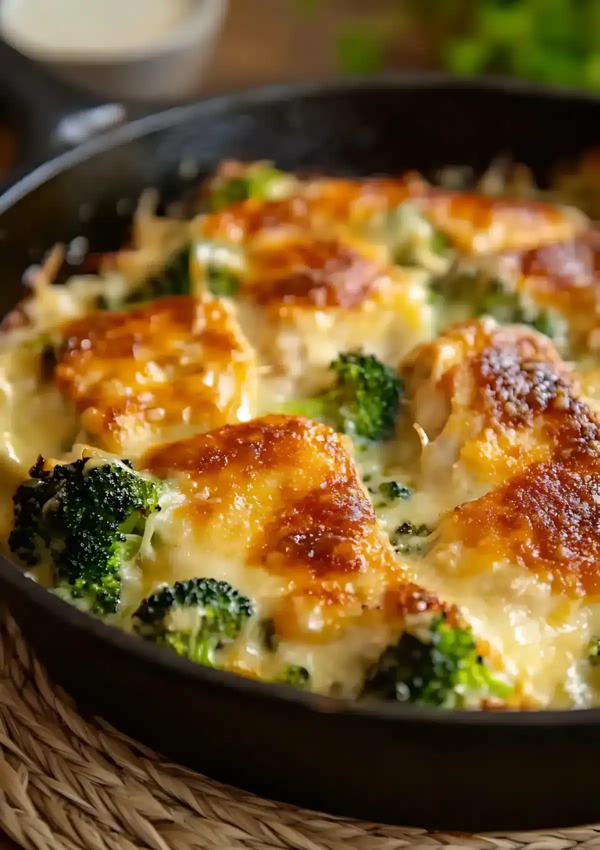 Cast iron skillet filled with cheesy baked chicken and broccoli, topped with golden melted cheese and creamy sauce

