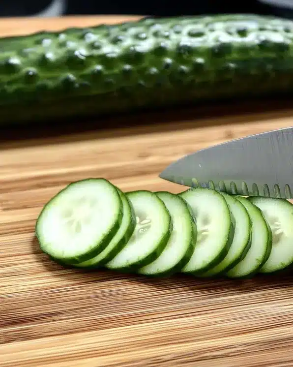 Fresh English cucumber being sliced on bamboo cutting board with sharp knife