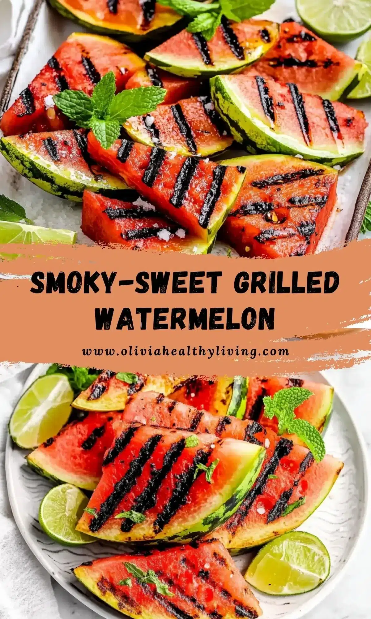 Grilled watermelon wedges with perfect char marks arranged on a platter, garnished with fresh mint leaves and lime wedges
