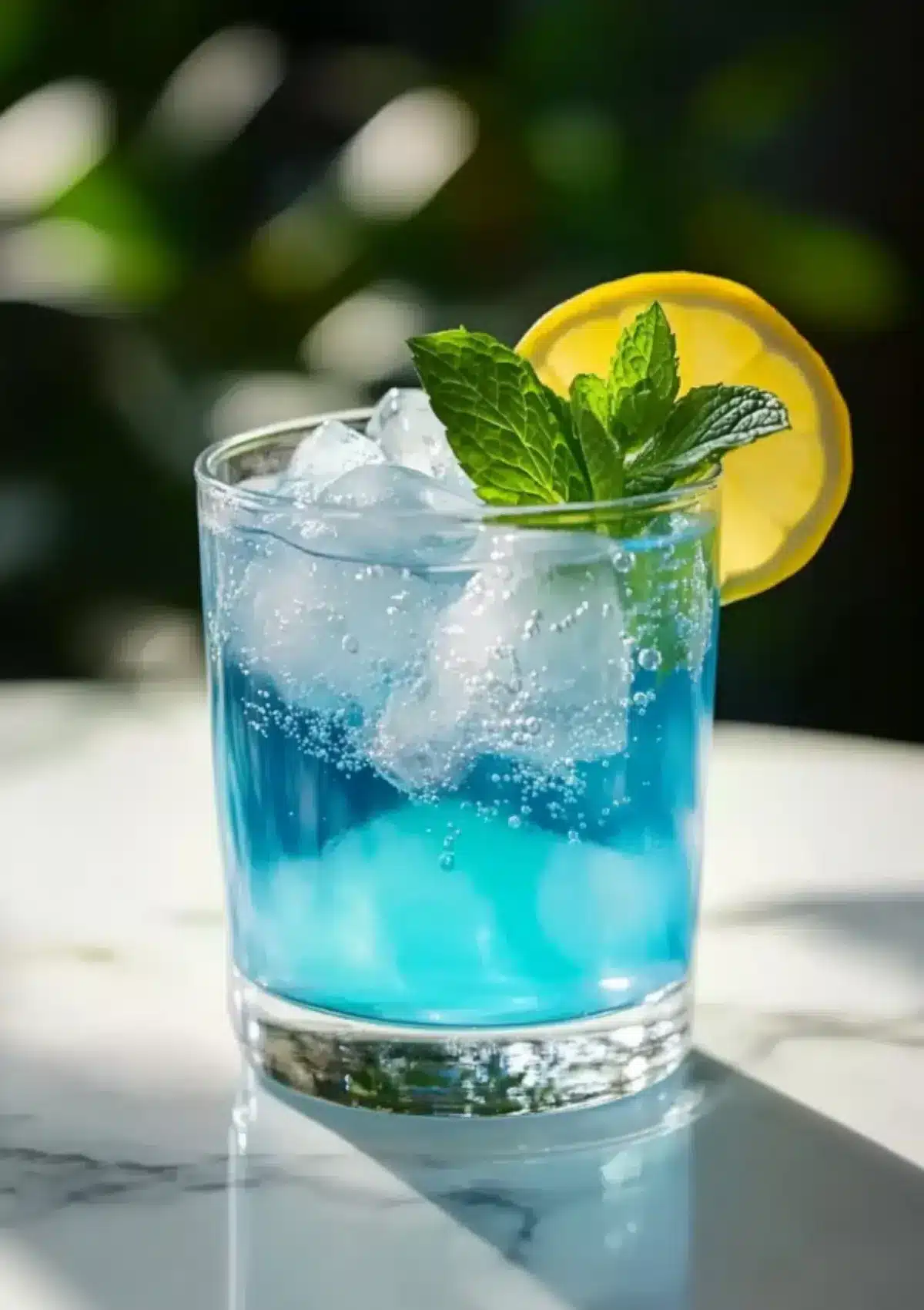  Close-up of a fizzy blue wellness drink with lemon and mint, placed on a marble table with leafy bokeh background and dramatic lighting.