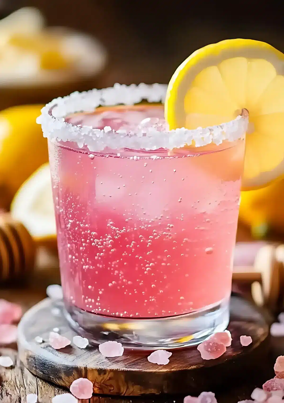 Glass of refreshing pink Himalayan salt weight loss drink with lemon slice and salted rim on a rustic wood surface, surrounded by pink salt crystals and honey dipper.

