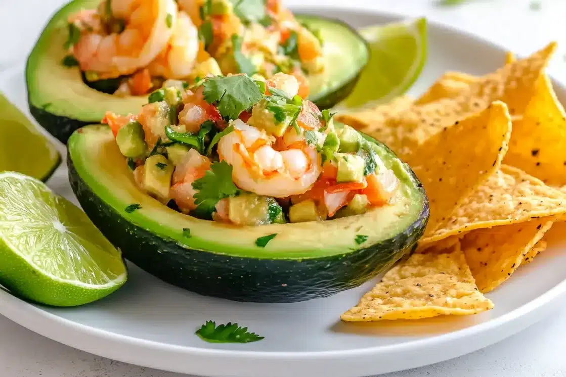 Plated stuffed avocado with shrimp ceviche served with golden tortilla chips and lime wedges on a white ceramic plate, ready to serve as an appetizer