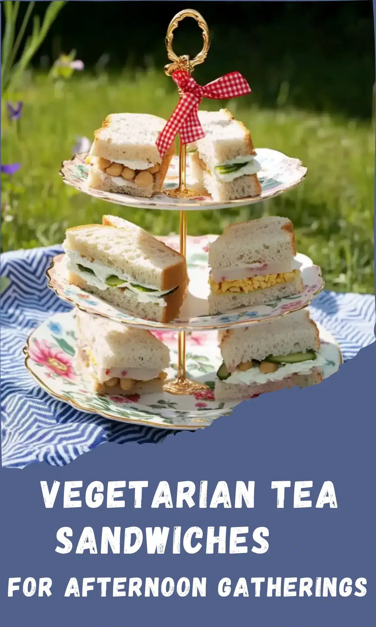 A floral cake stand stacked with assorted tea sandwiches like cucumber, cheddar, tomato, and egg mayo, labeled with an overlaid text banner reading "Sweet & Savory Mongolian Beef."