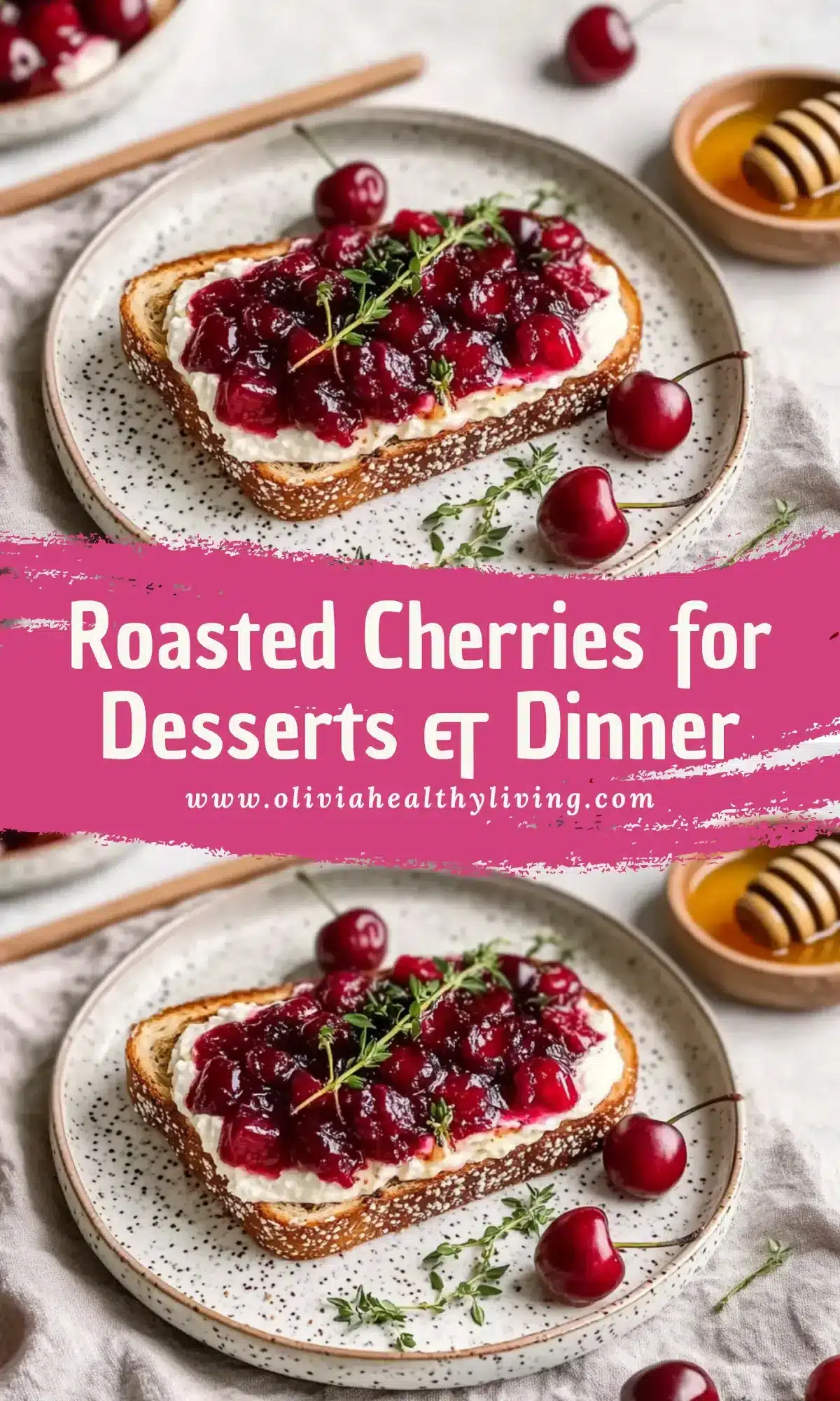 Roasted cherries served on cream cheese toast with fresh thyme garnish on a speckled ceramic plate