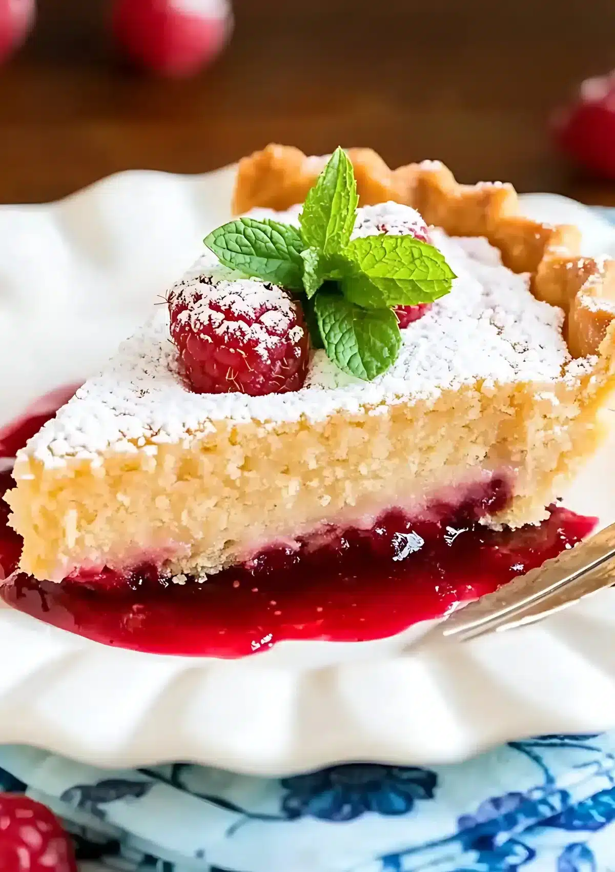 Frangipane tart slice garnished with raspberries and mint on a pool of red raspberry sauce, served on a fluted dessert plate.

