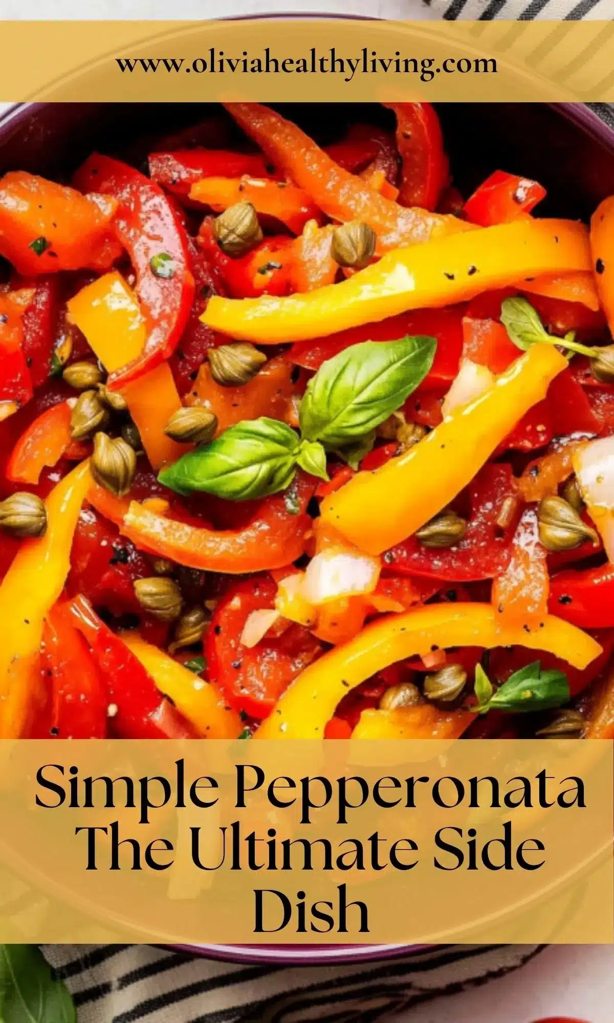Colorful traditional pepperonata recipe with red and yellow bell peppers, capers, and fresh basil in a purple skillet
