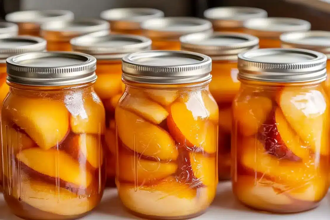 Three mason jars filled with canned vanilla bean peaches showing peach slices and vanilla beans