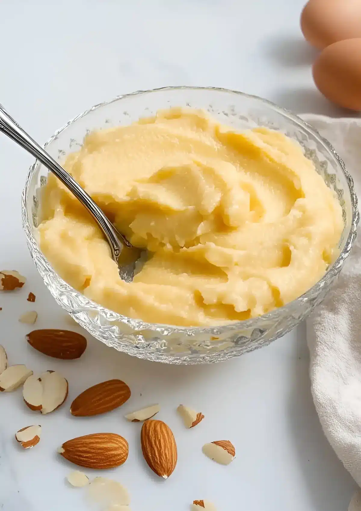 Vintage glass bowl of almond frangipane with spoon and whole almonds scattered on white marble.

