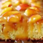 Straight-on view of a peach cake loaf on a wooden board, dripping with warm peach glaze.