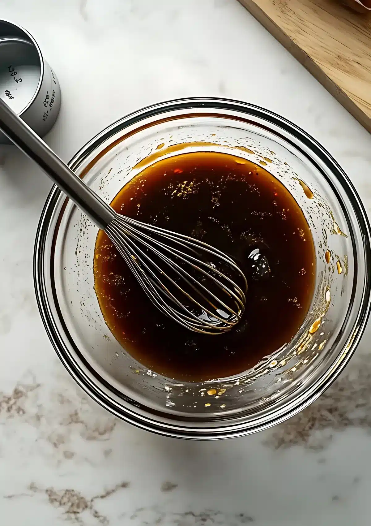  Overhead shot of a glass bowl filled with dark soy marinade being whisked, placed on a white marble surface with a metal measuring cup nearby.

