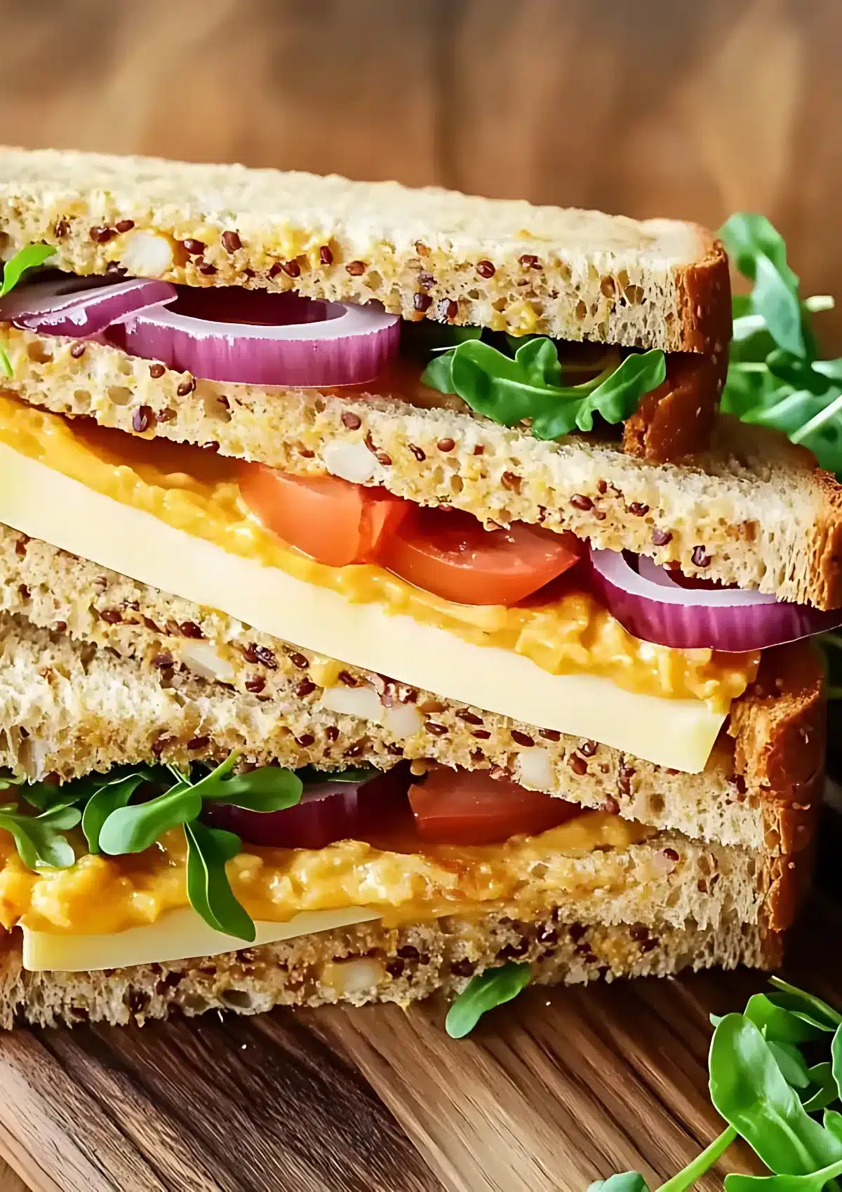 Side view of a vegetable sandwich with yellow cheddar, red onions, tomatoes, leafy greens, and seeded whole grain bread.

