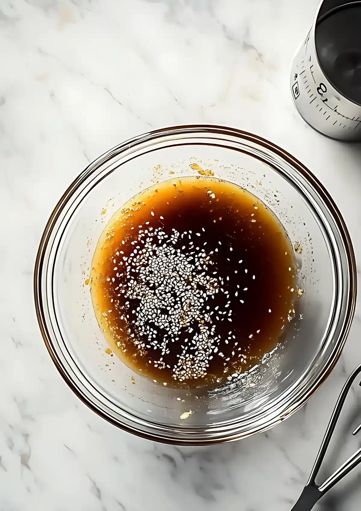 Overhead view of a glass mixing bowl filled with dark soy marinade topped with white sesame seeds, placed on a marble counter beside a measuring cup.