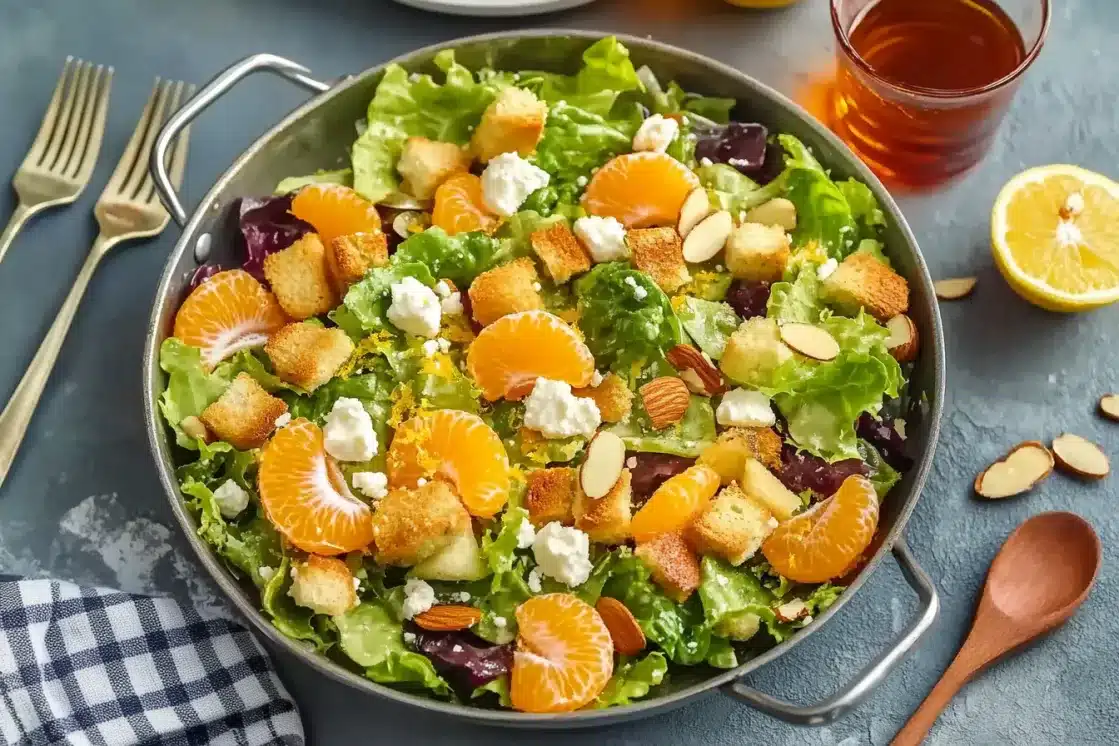Elegant mandarin orange salad presentation with mixed greens, orange segments, almonds and feta cheese with table setting