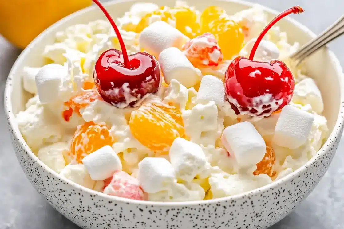Rich and creamy ambrosia salad in a white speckled bowl garnished with two maraschino cherries, featuring mini marshmallows and mandarin orange segments