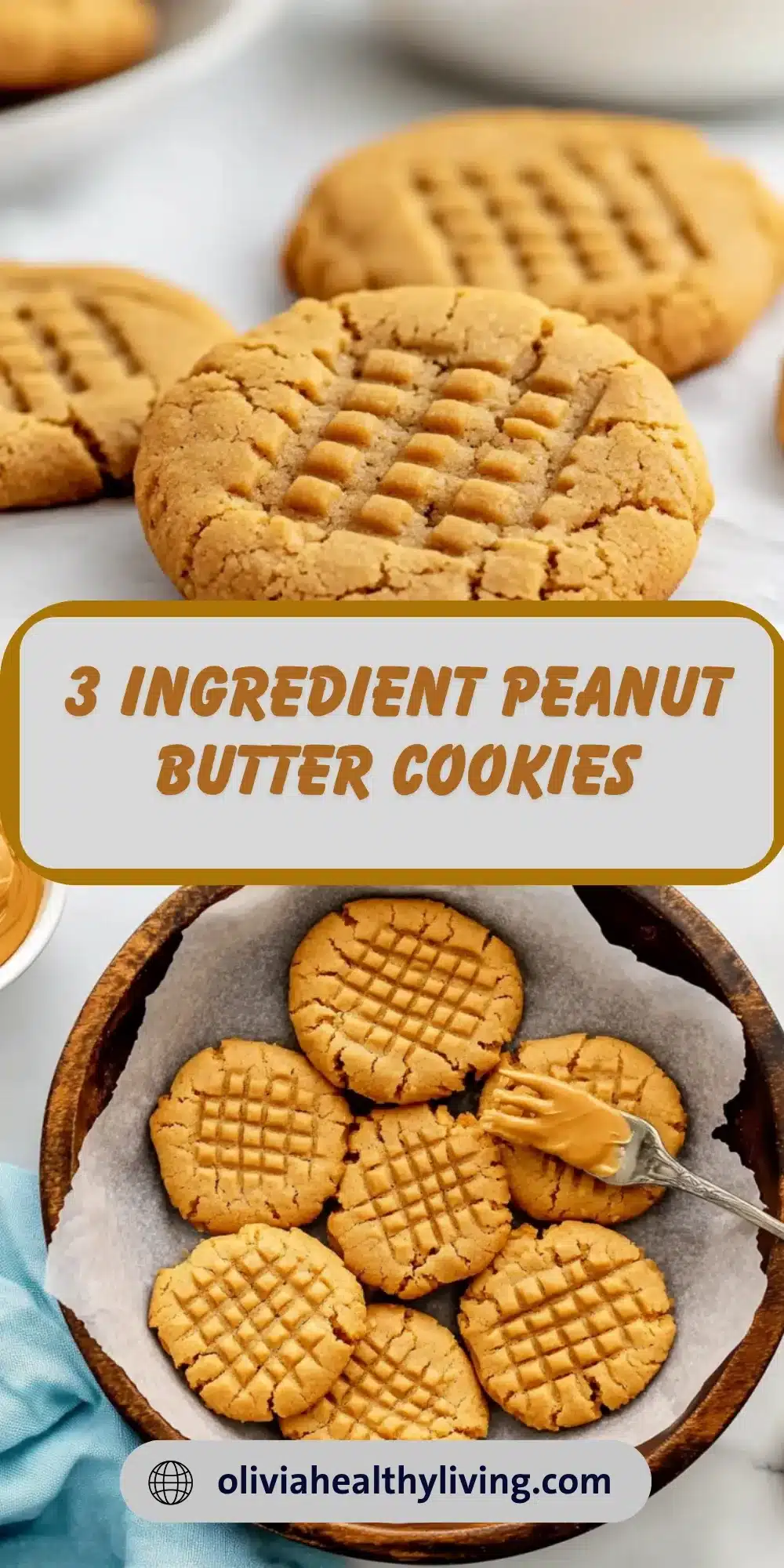Golden brown peanut butter cookies with fork crosshatch pattern arranged in wooden bowl lined with parchment paper