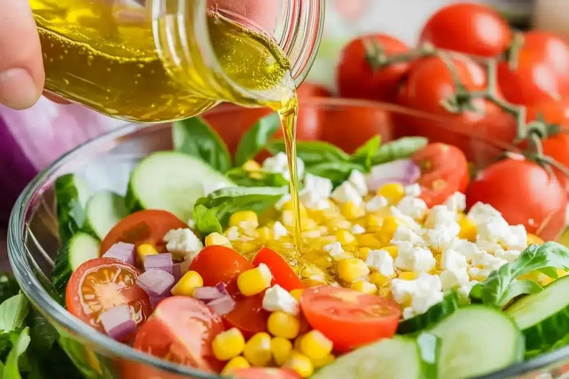 Hand pour olive oil dressing over corn salad with vegetables and feta cheese in glass bowl