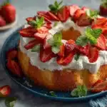 Angel food cake with strawberry shortcake topping featuring fresh sliced strawberries, whipped cream and mint leaves
