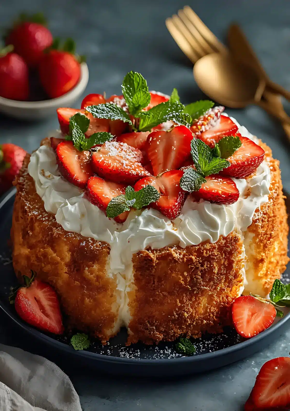 Close up of angel food cake slice with fluffy white interior, topped with fresh strawberries, whipped cream and mint garnish