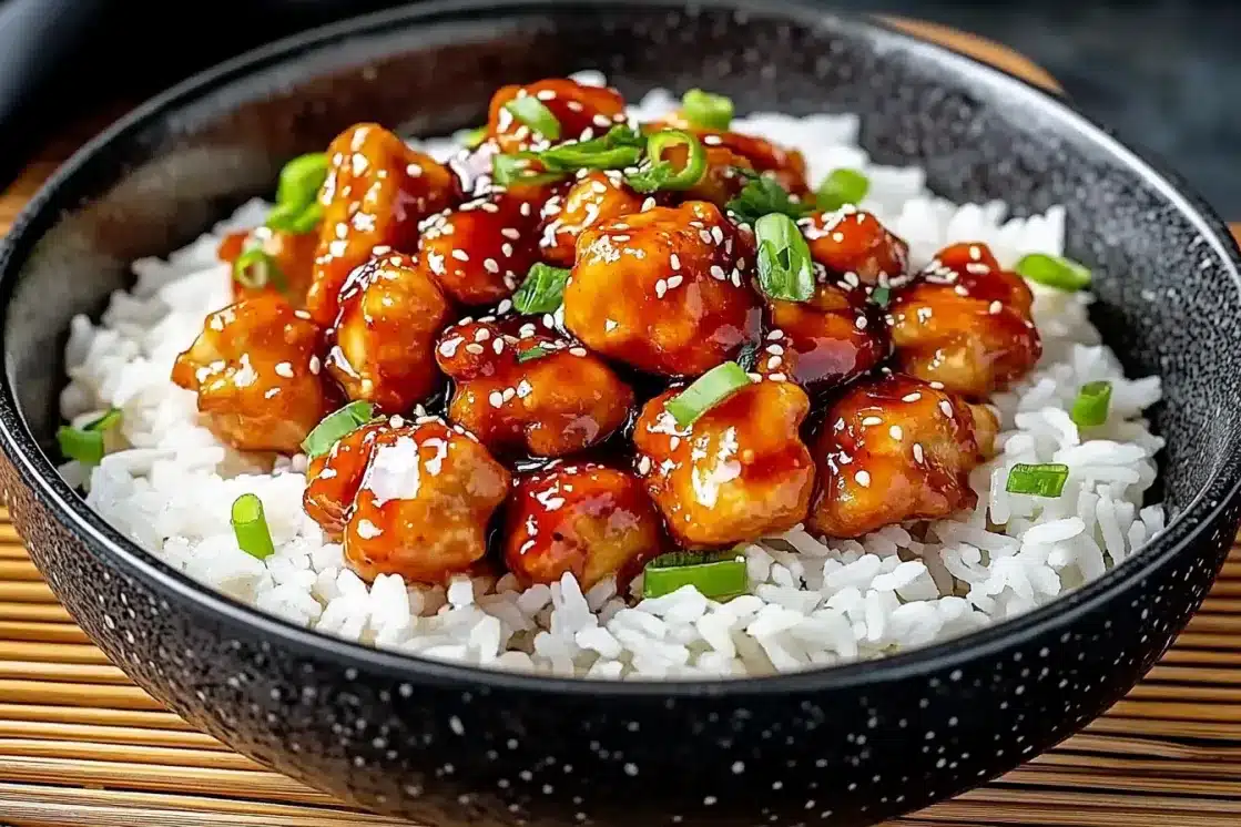 Sweet chili chicken in black speckled bowl with chopsticks nearby, featuring caramelized chicken pieces with sesame seeds and green onions