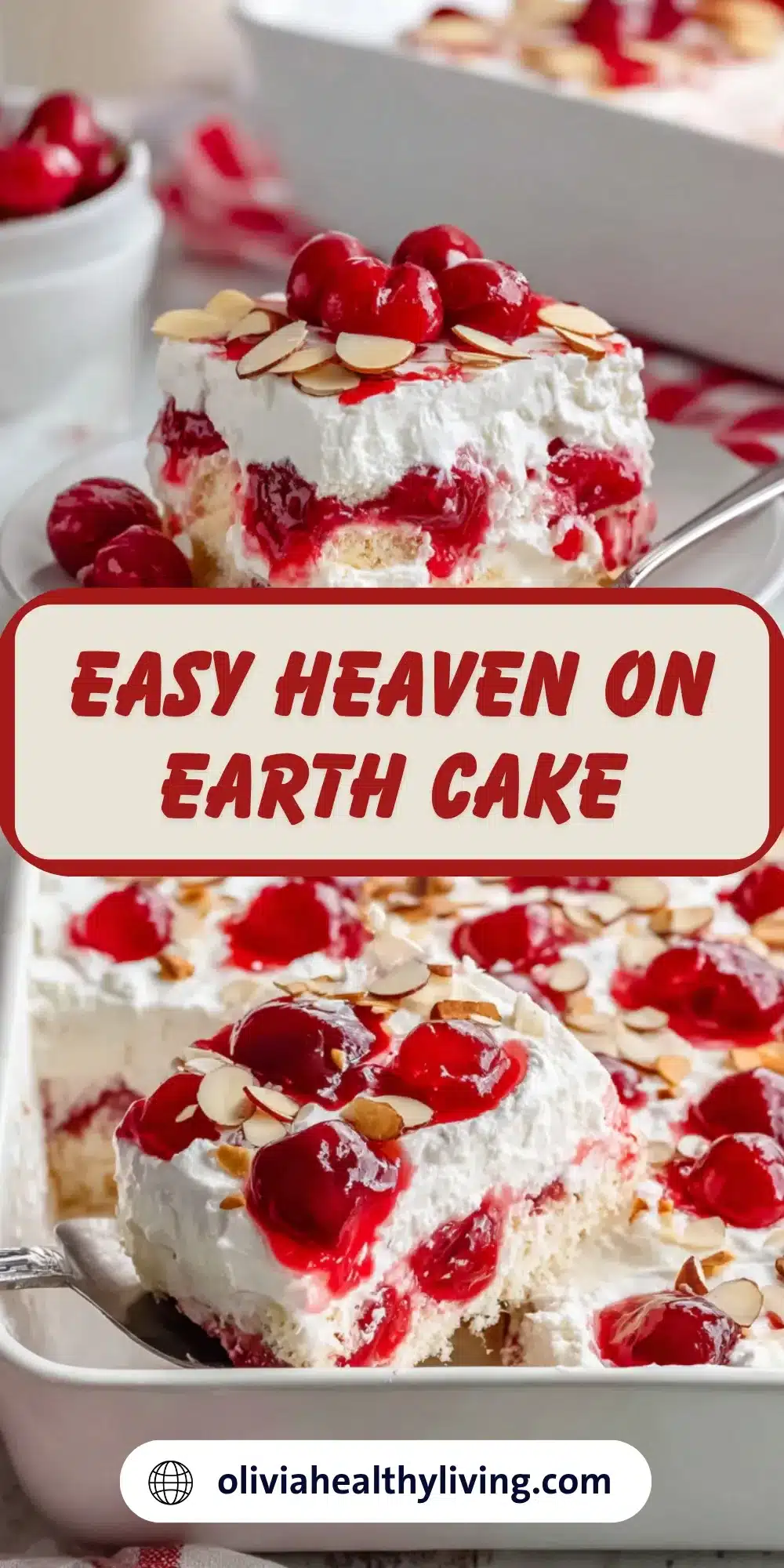 Easy Heaven on Earth Cake showing creamy white layers with red cherry swirls and almond slices on top