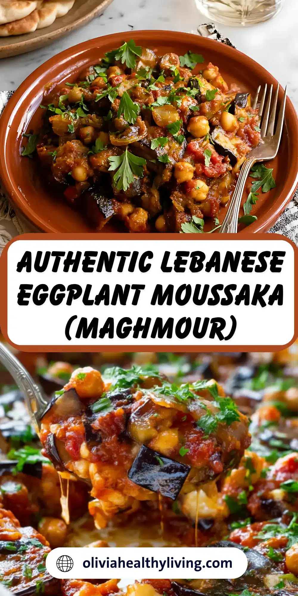A terracotta plate filled with Lebanese eggplant moussaka, topped with parsley, next to pita bread and a glass of white wine, with text overlay reading “Authentic Lebanese Eggplant Moussaka (Maghmour)”.