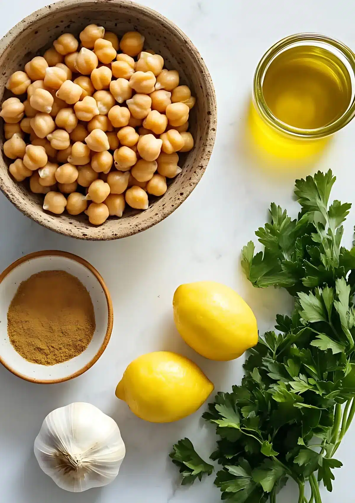 Fresh ingredients for making balila including dry chickpeas, lemon, garlic, parsley, olive oil, and ground spices on a white surface.