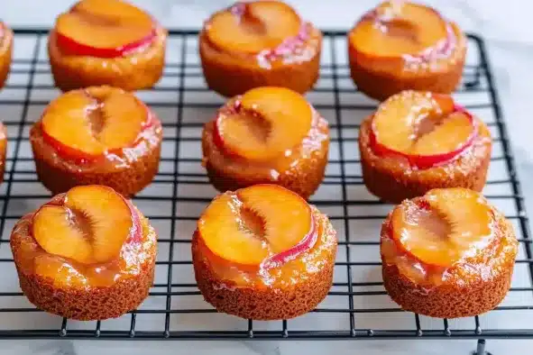 Nine freshly baked peach upside down mini cakes cooling on a wire rack, each topped with caramelized peach slices