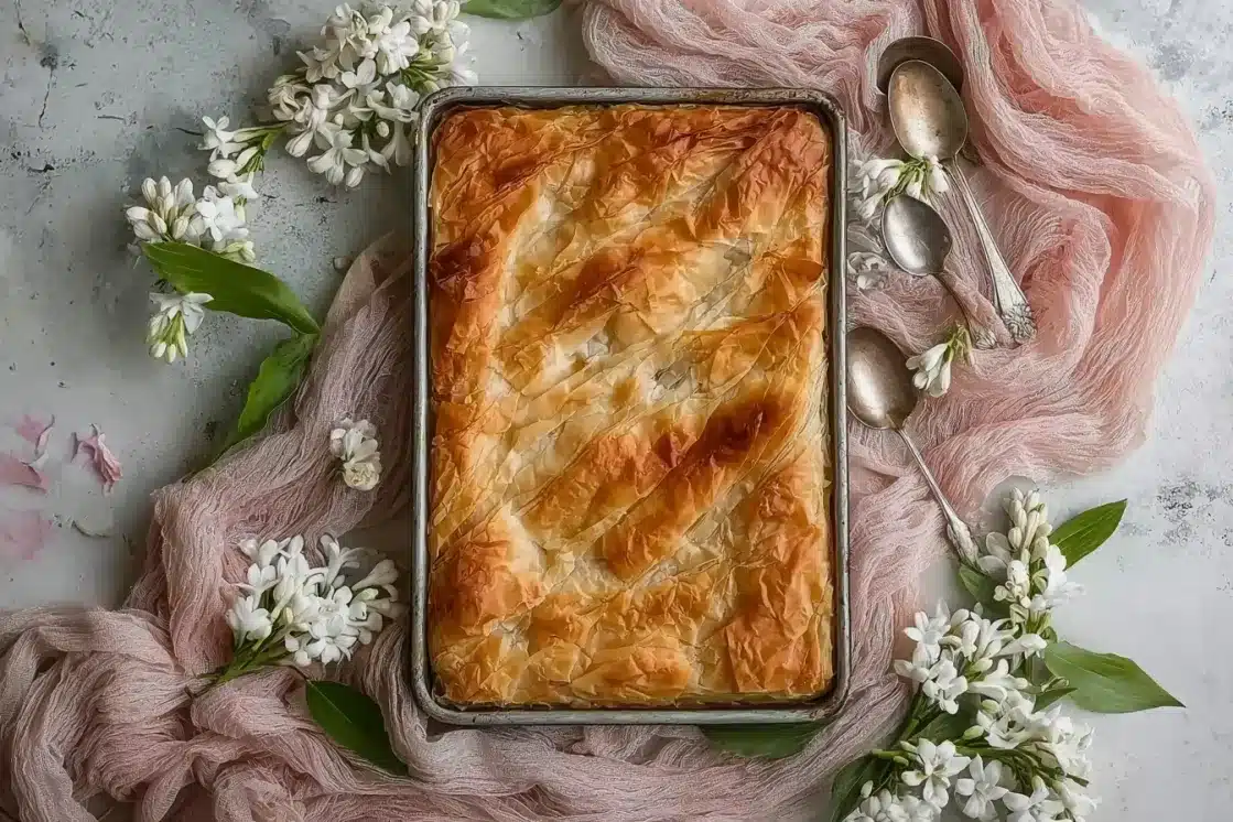 Complete peach slab pie with golden phyllo crust in rectangular pan, decorated with pink fabric and white flowers on marble surface