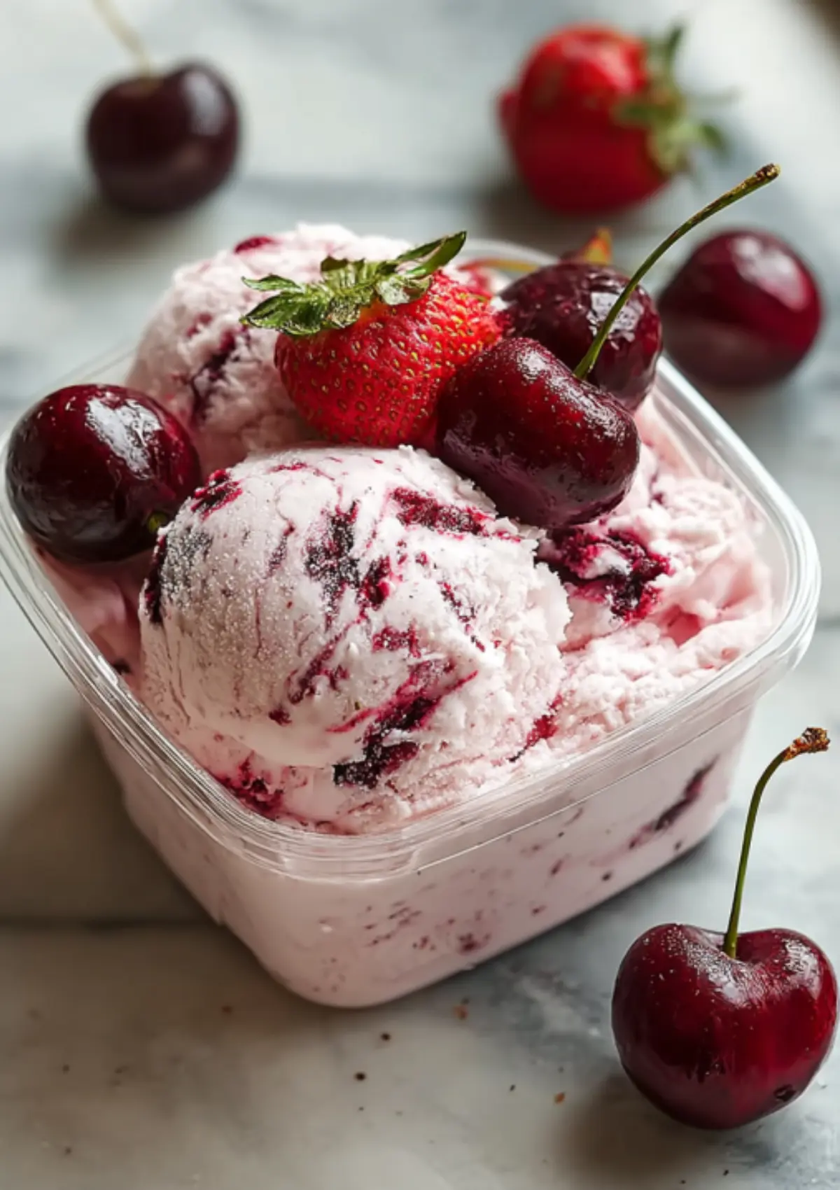 Berry ice cream scoops garnished with fresh cherries and strawberry in plastic container