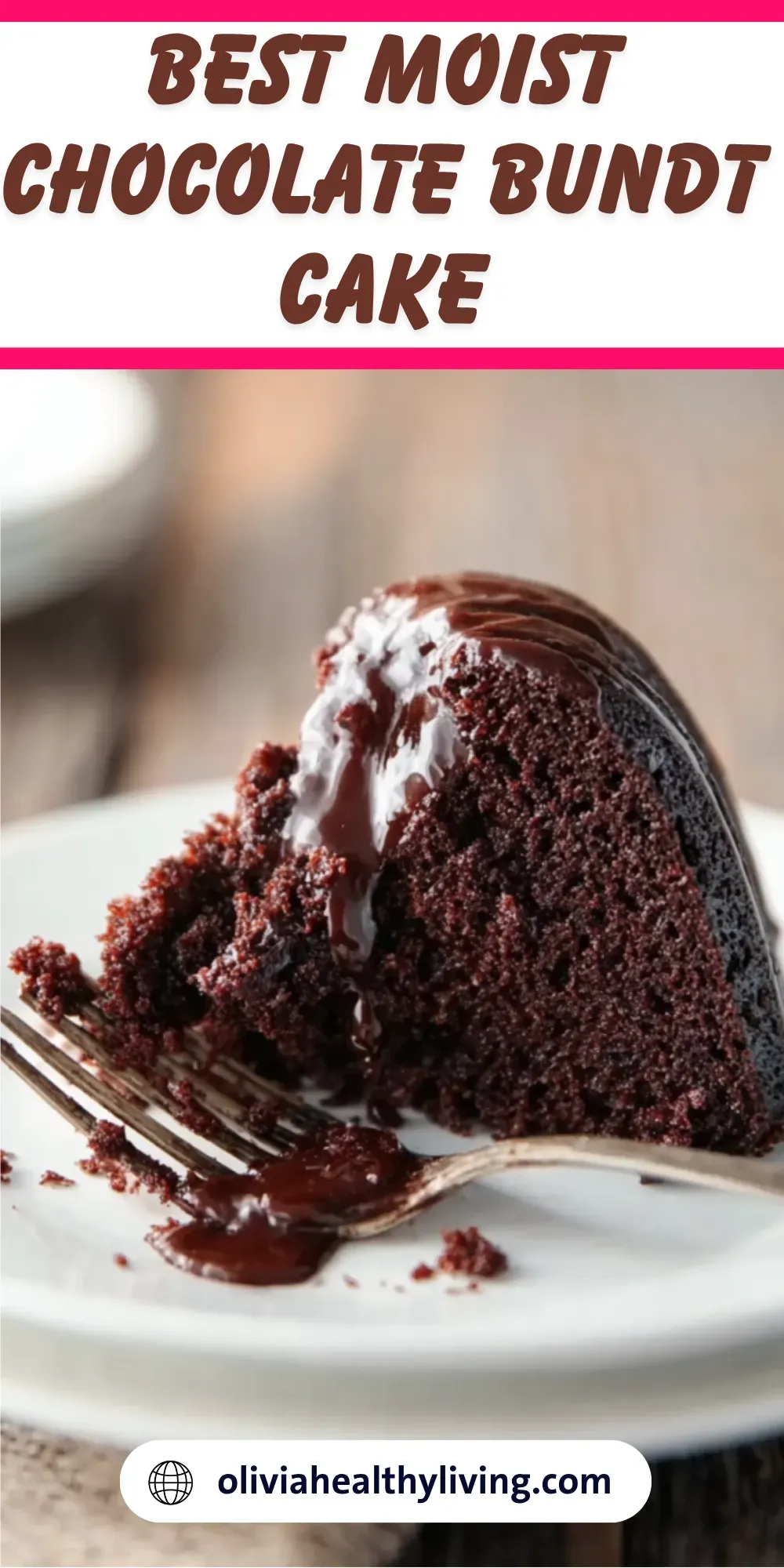Best moist chocolate Bundt cake with fork and glossy ganache, text overlay included
