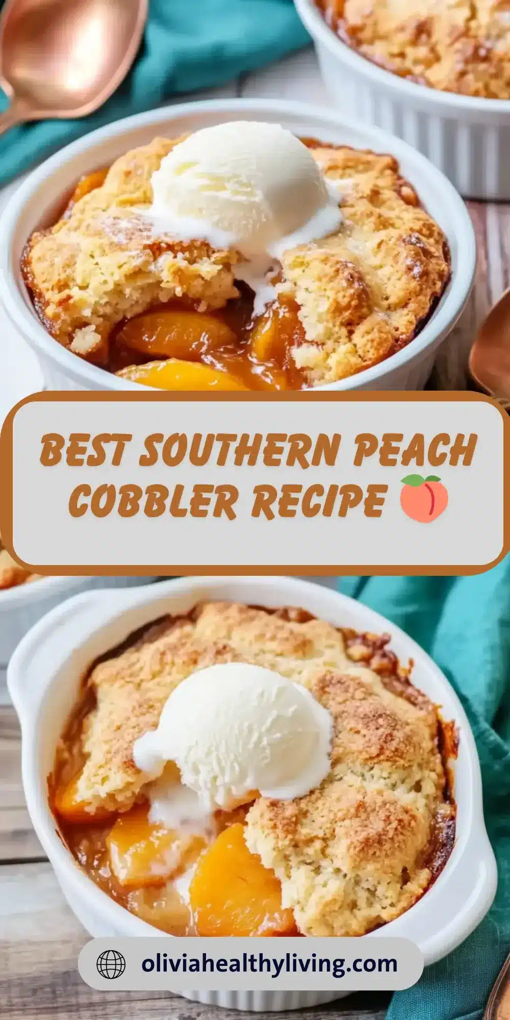 Individual serving of Southern peach cobbler in white ramekin topped with vanilla ice cream, served on turquoise napkin