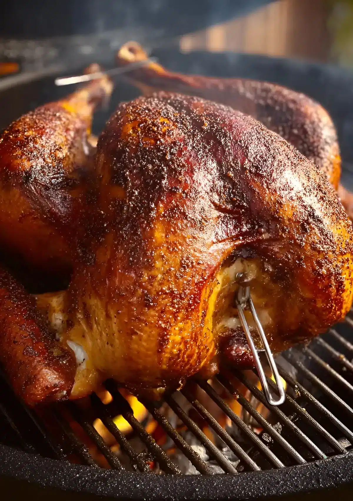 Smoked turkey cooking on a grill over open flame with crispy skin.