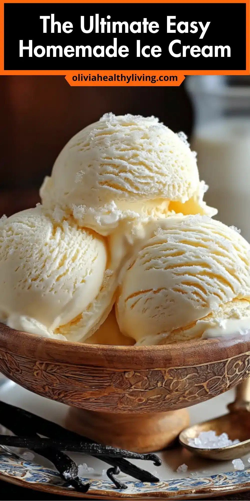 Blog post header with vanilla ice cream scoops and caramel sauce for homemade ice cream recipe