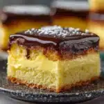 Individual serving of Boston cream poke cake on decorative plate showing moist yellow cake with pastry cream and chocolate ganache
