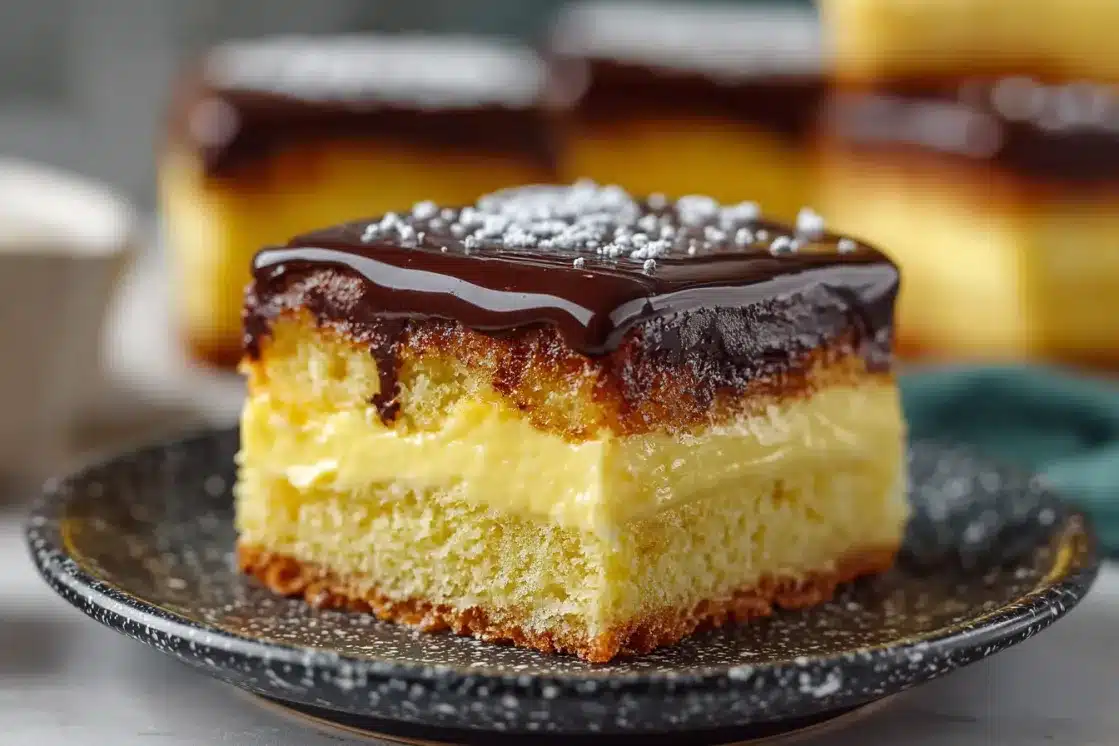 Individual serving of Boston cream poke cake on decorative plate showing moist yellow cake with pastry cream and chocolate ganache