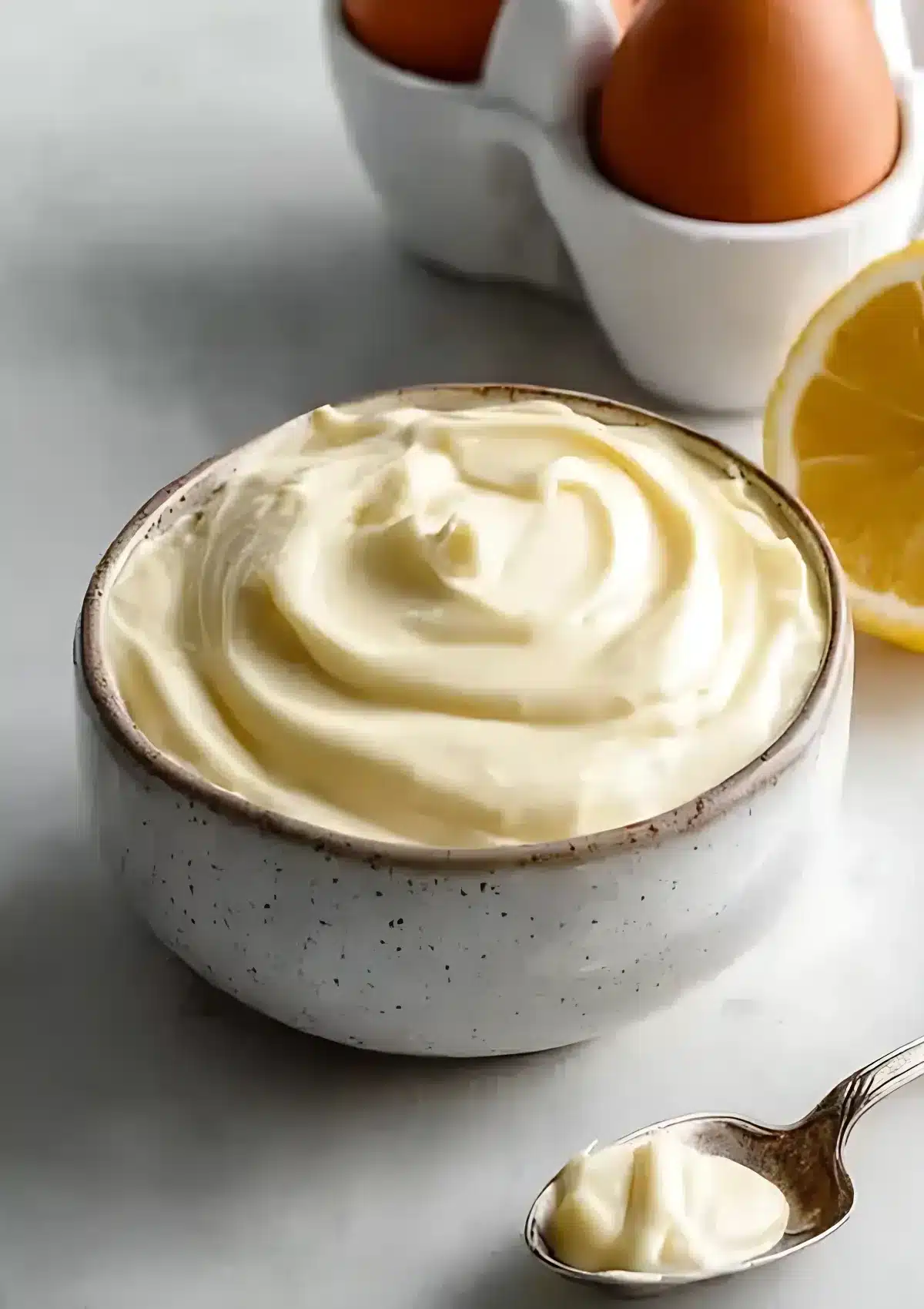 Ceramic bowl filled with creamy mayonnaise, with a spoonful served in front and eggs and lemon nearby on marble surface.

