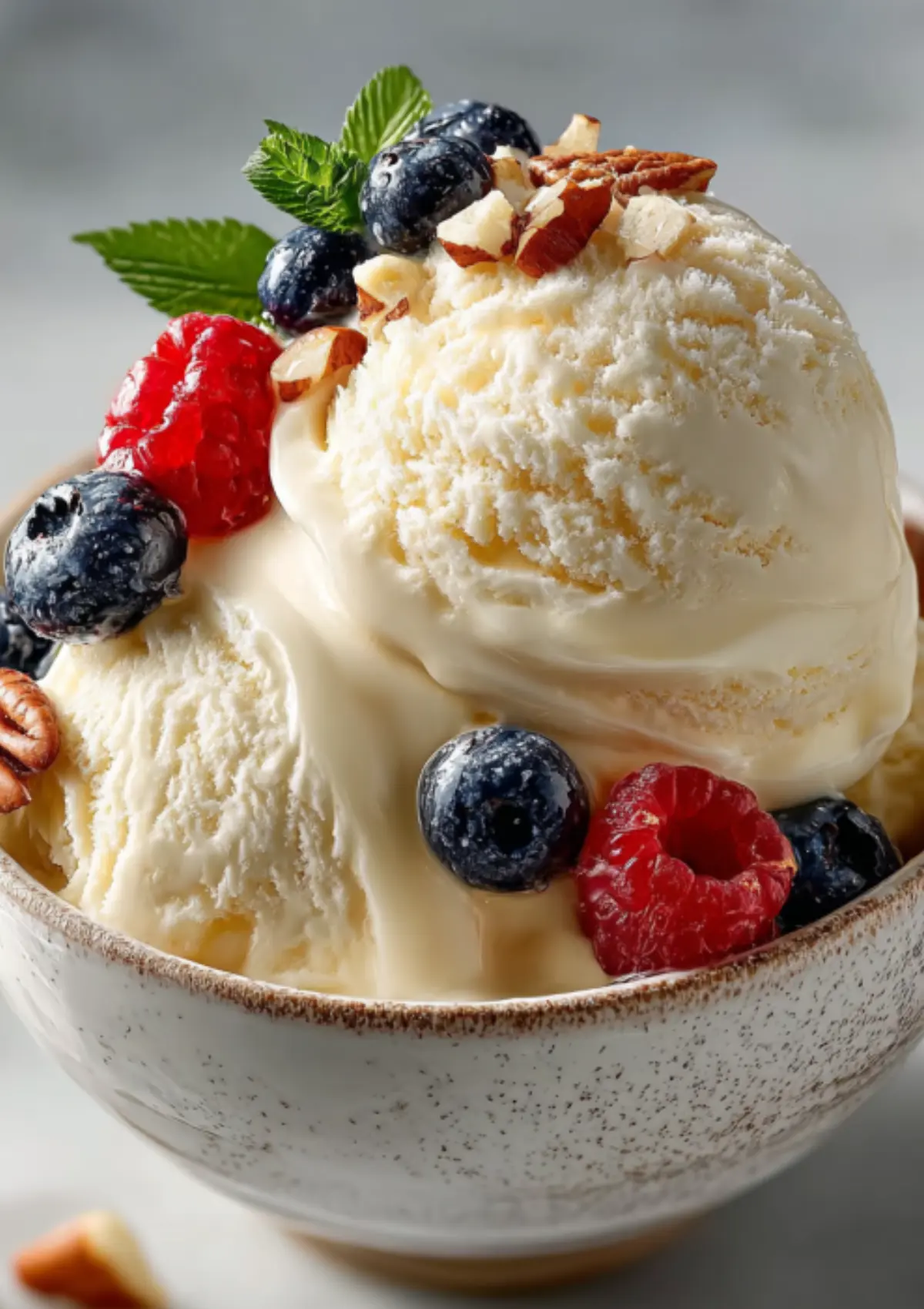 Bowl of vanilla ice cream topped with fresh blueberries